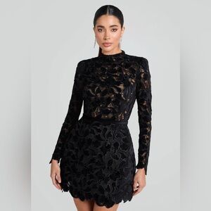 NADINE MERABI Black Long-Sleeve Lace Mini Dress